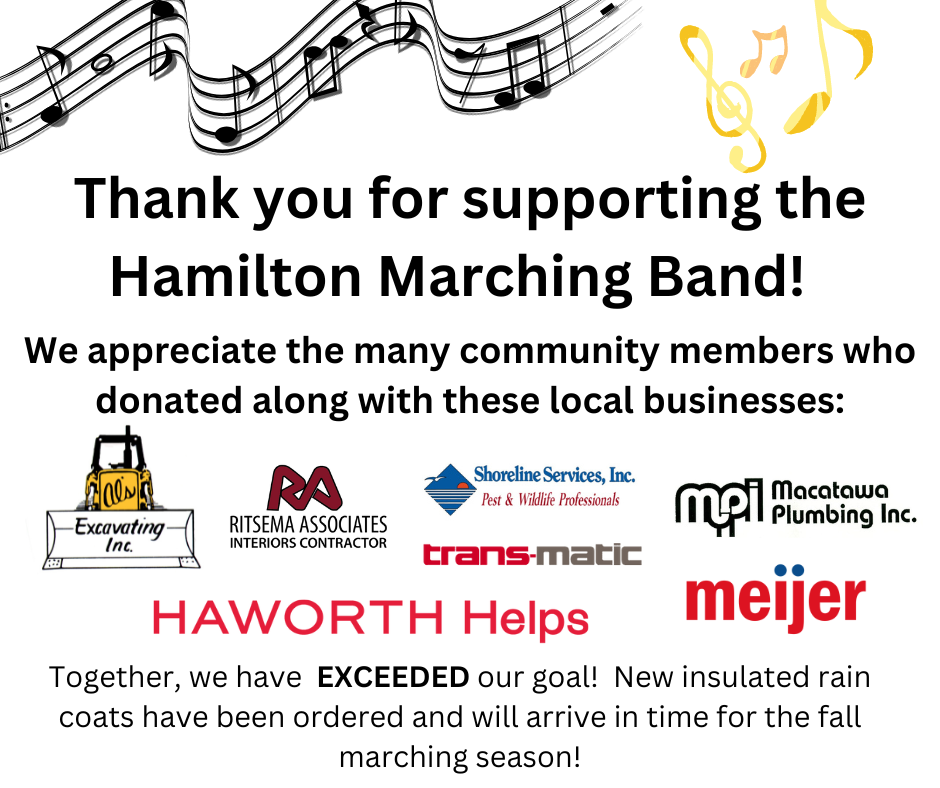 Thank you to our Hamilton band sponsors who donated to the band rain coats